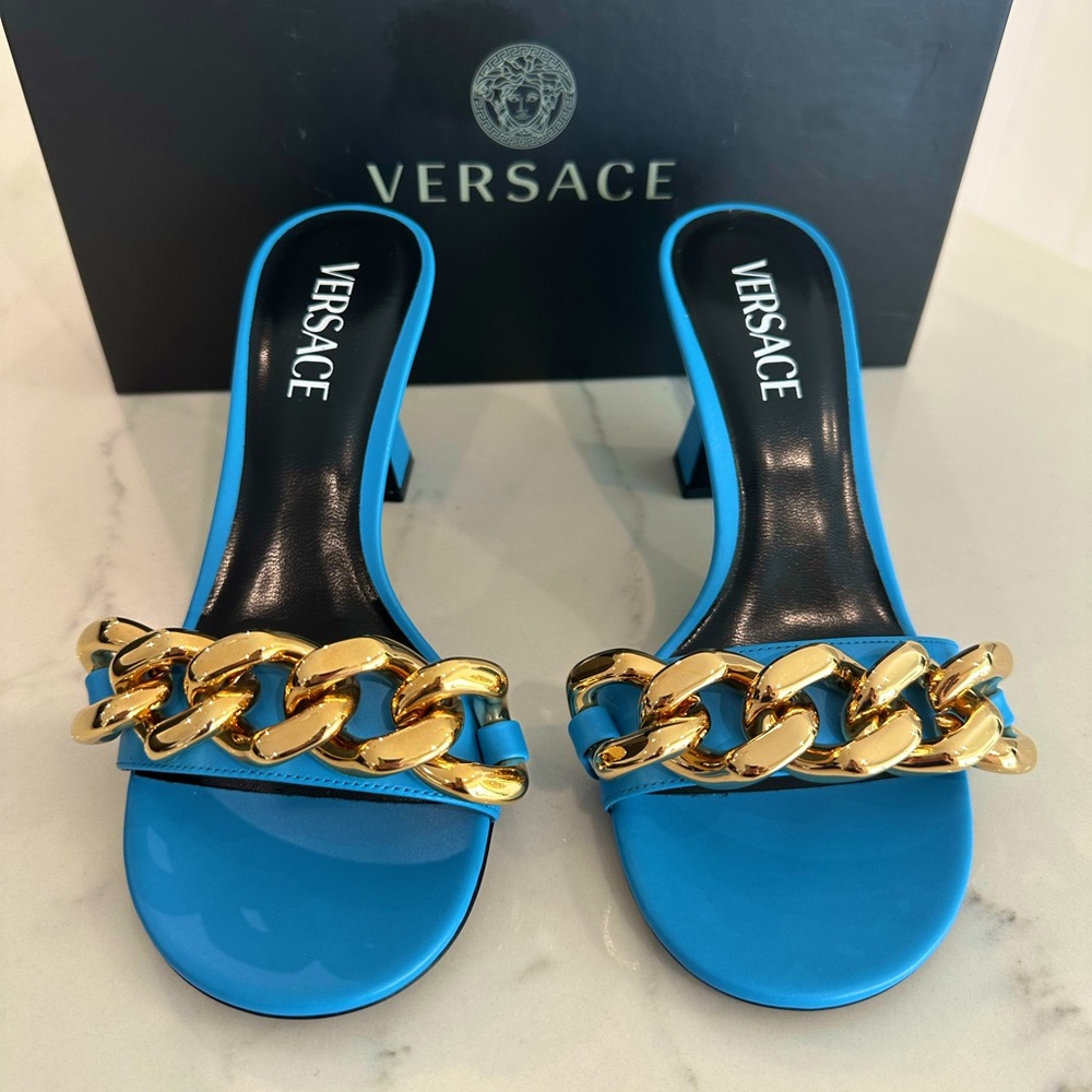 Versace Medusa Chain Mid Heel Slide Sandals